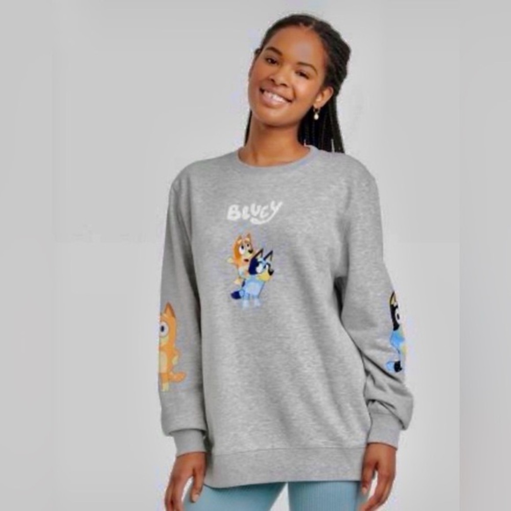 Bluey Women’s Grey Crewneck Sweatshirt, Bluey Character Top, Size Large